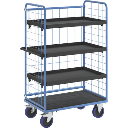 Shelf truck, with mesh panels on three sides, platform LxW 1140 x 730 mm, 4 levels, with rim.