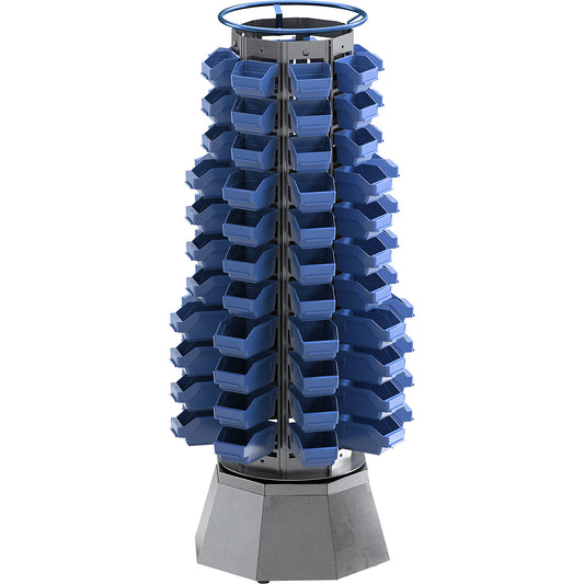 Revolving stand with 88 open fronted storage bins, HxWxD 1666 x 626 x 626 mm, 11 tiers.