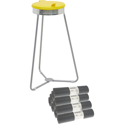 Waste sack stand with bags, capacity 120 l, 10 rolls of 25 bags, yellow lid, black waste bags.