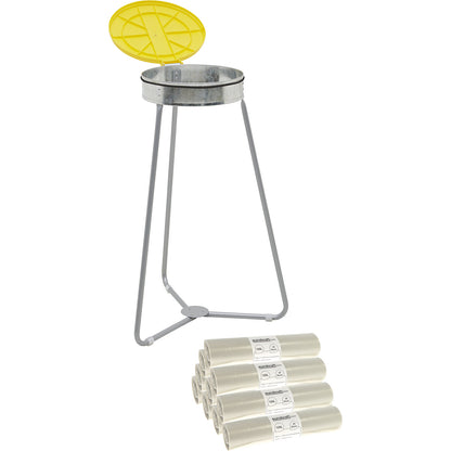 Waste sack stand with bags, capacity 120 l, 10 rolls of 25 bags, yellow lid, transparent waste bags.