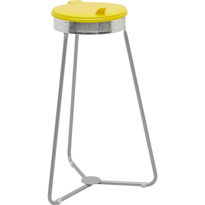 Steel waste sack holder with plastic lid, for capacities up to 120 l, three legged frame, yellow lid.