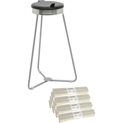 Waste sack stand with bags, capacity 120 l, 10 rolls of 25 bags, black lid, transparent waste bags.