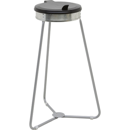 Steel waste sack holder with plastic lid, for capacities up to 120 l, three legged frame, black lid.