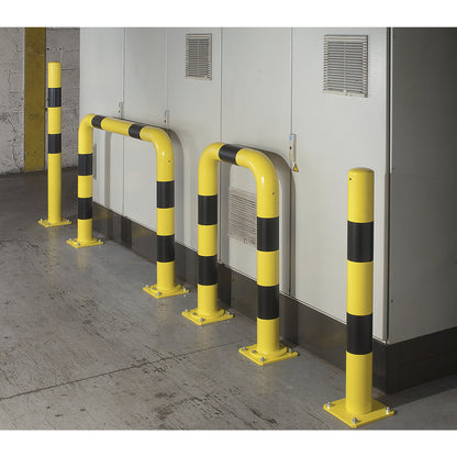 Impact protection bar, Ø 89 mm, detachable, made of steel tube, yellow / black, HxW 900 x 690 mm.