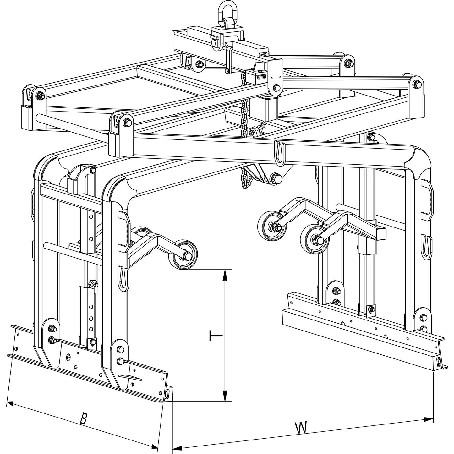 Scissor grab, gripping range 740 - 1250 mm, max. load 1800 kg.