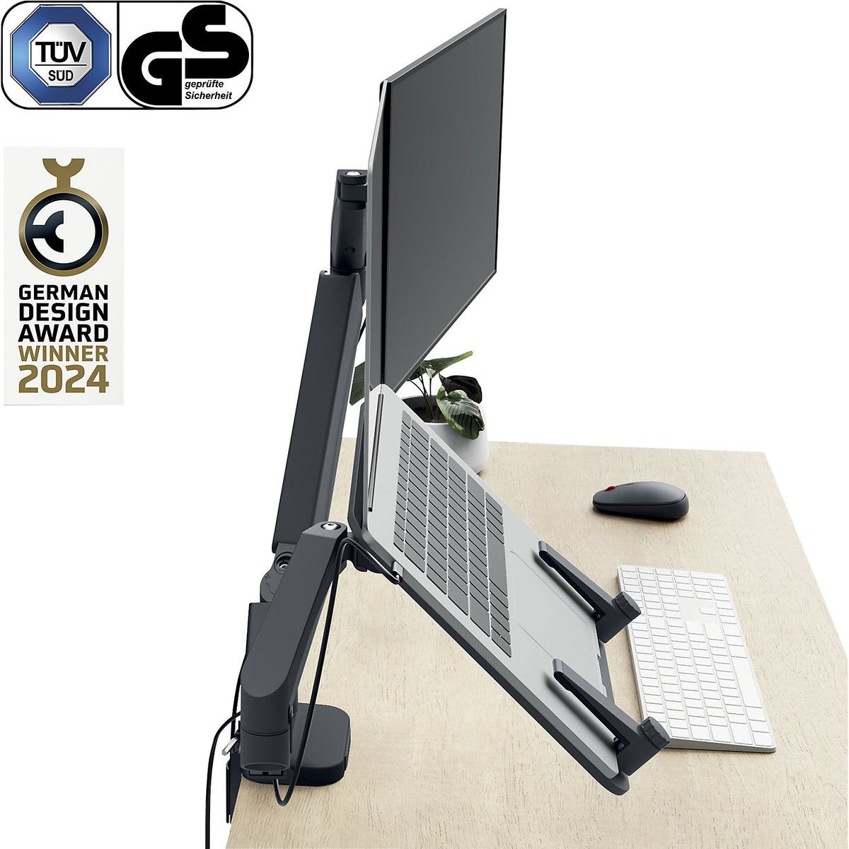 Ergo space-saving dual monitor arm with laptop holder, max. load 9 kg, dark grey.
