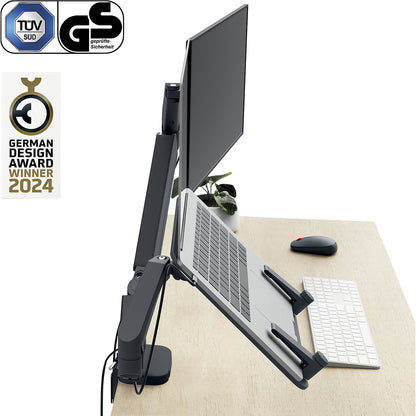 Ergo space-saving dual monitor arm with laptop holder, max. load 9 kg, dark grey.