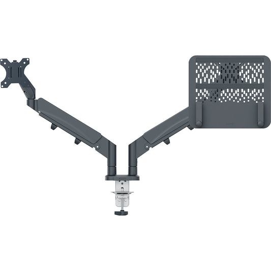 Ergo space-saving dual monitor arm with laptop holder, max. load 9 kg, dark grey.