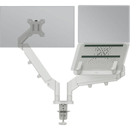 Ergo space-saving dual monitor arm with laptop holder, max. load 9 kg, light grey.