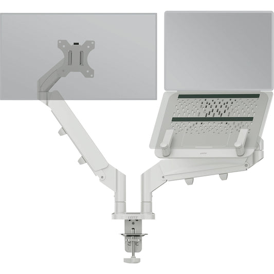 Ergo space-saving dual monitor arm with laptop holder, max. load 9 kg, light grey.