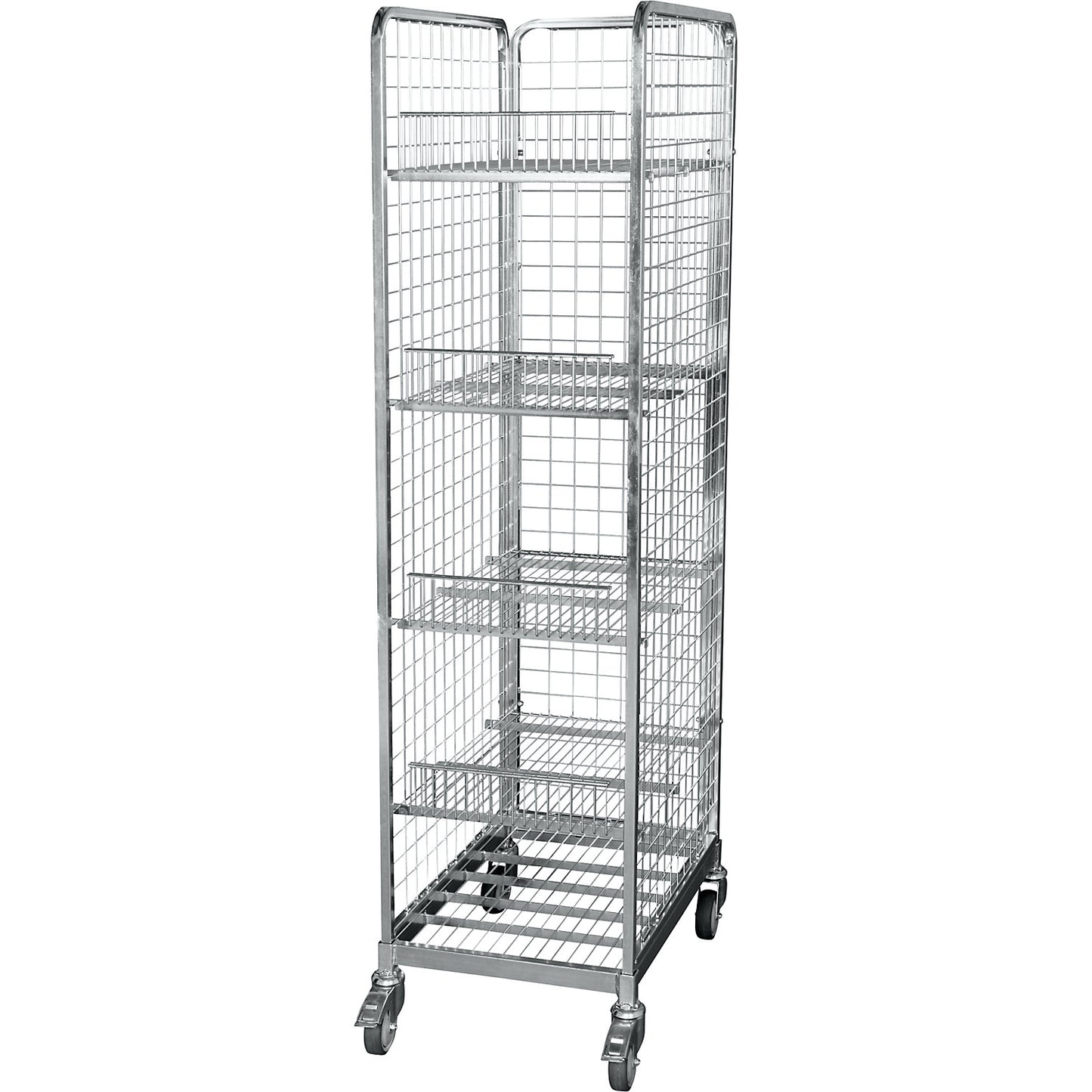 Steel roll container, 3-sided, WxD 500 x 680 mm, shelves with raised edges.