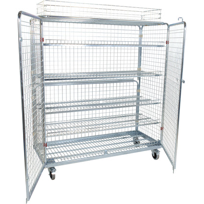 Steel roll container with hinged doors, 5-sided, with basket attachment.