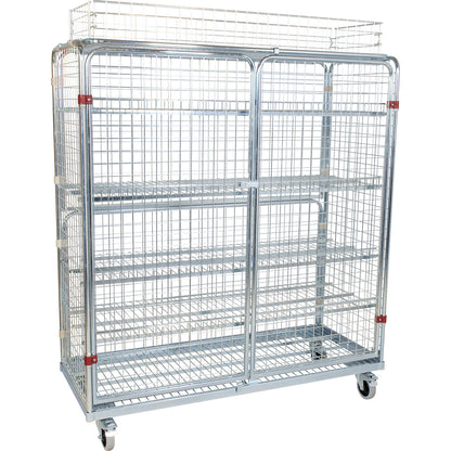 Steel roll container with hinged doors, 5-sided, with basket attachment.