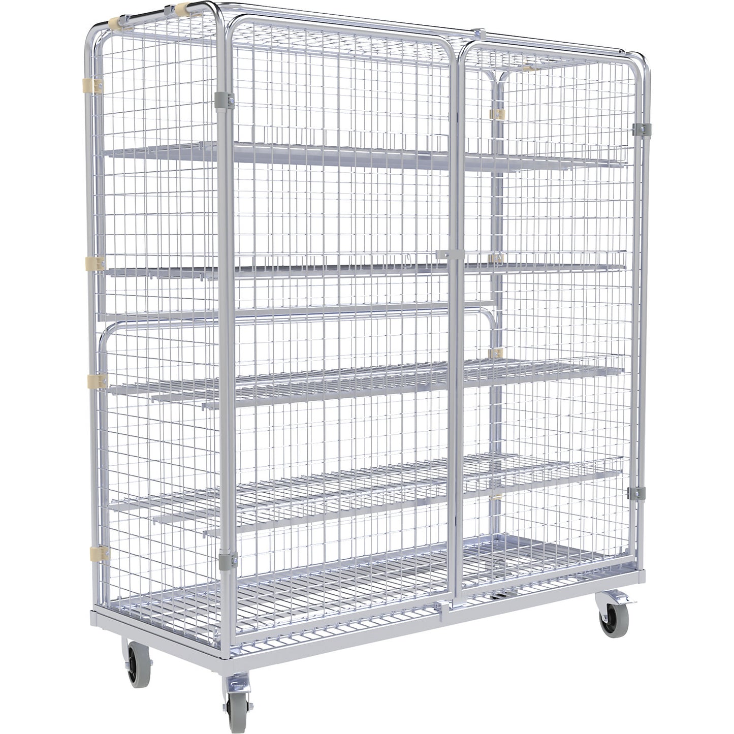 Steel roll container with hinged doors, 5-sided, without basket attachment.