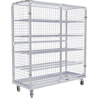 Steel roll container with hinged doors, 5-sided, without basket attachment.