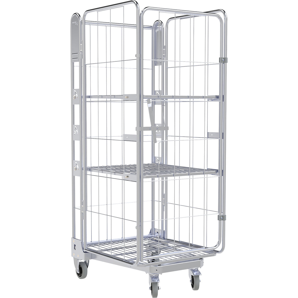 Roll container, 4-sided, steel dolly, H 1875 mm, 2 shelves.