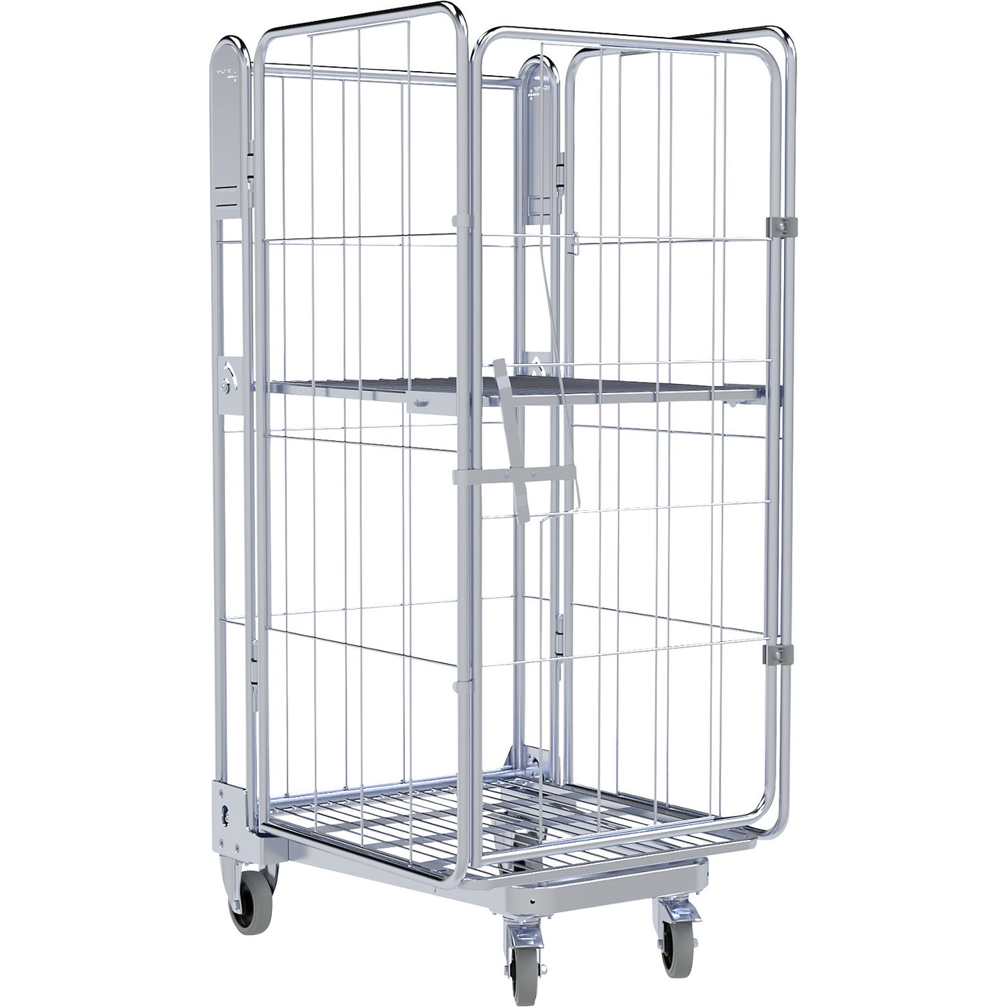 Roll container, 4-sided, steel dolly, H 1690 mm, 1 shelf.