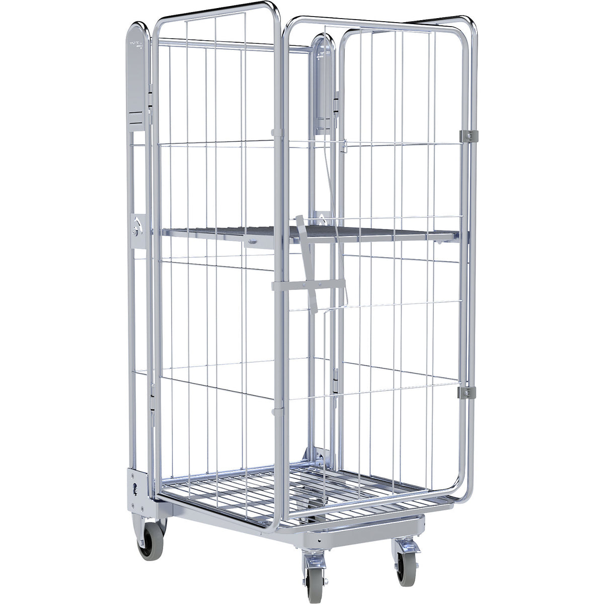 Roll container, 4-sided, steel dolly, H 1690 mm, 1 shelf.