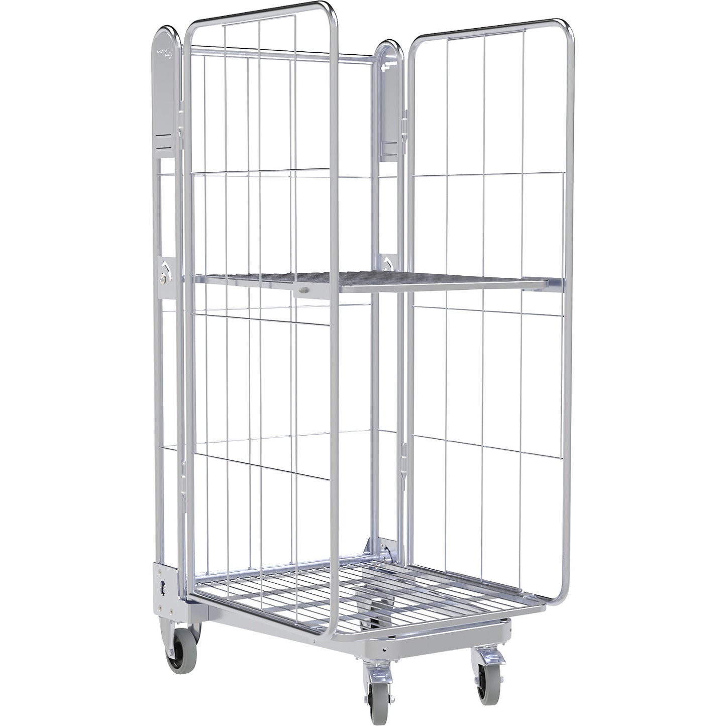 Roll container, 3-sided, steel dolly, H 1690 mm, 1 shelf.