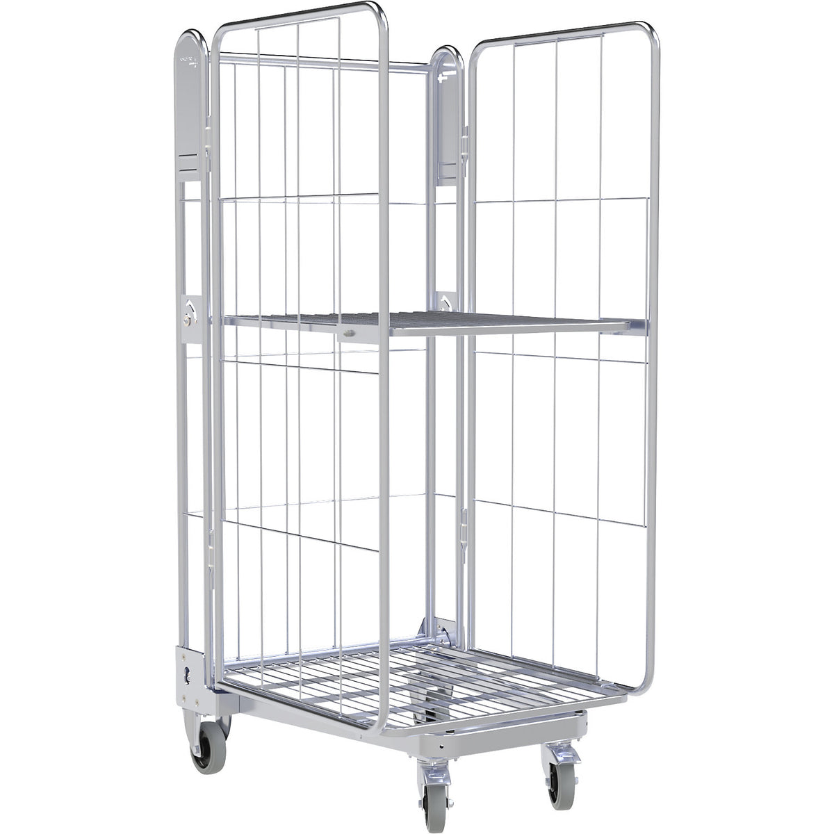 Roll container, 3-sided, steel dolly, H 1690 mm, 1 shelf.