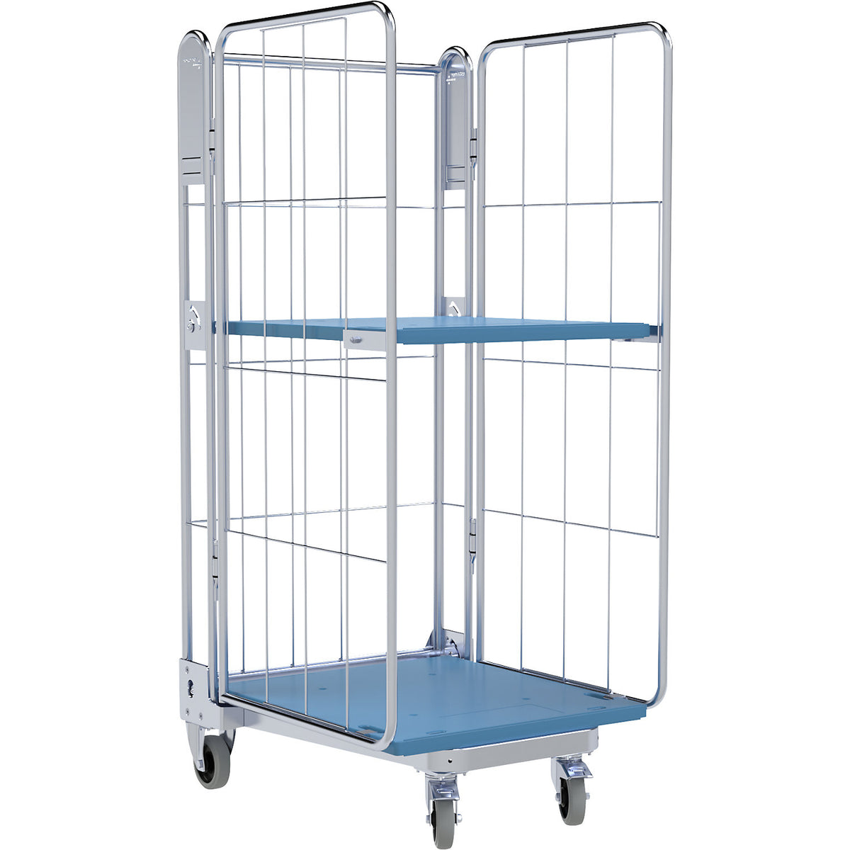 Roll container, 3-sided, plastic dolly, H 1690 mm, 1 shelf.