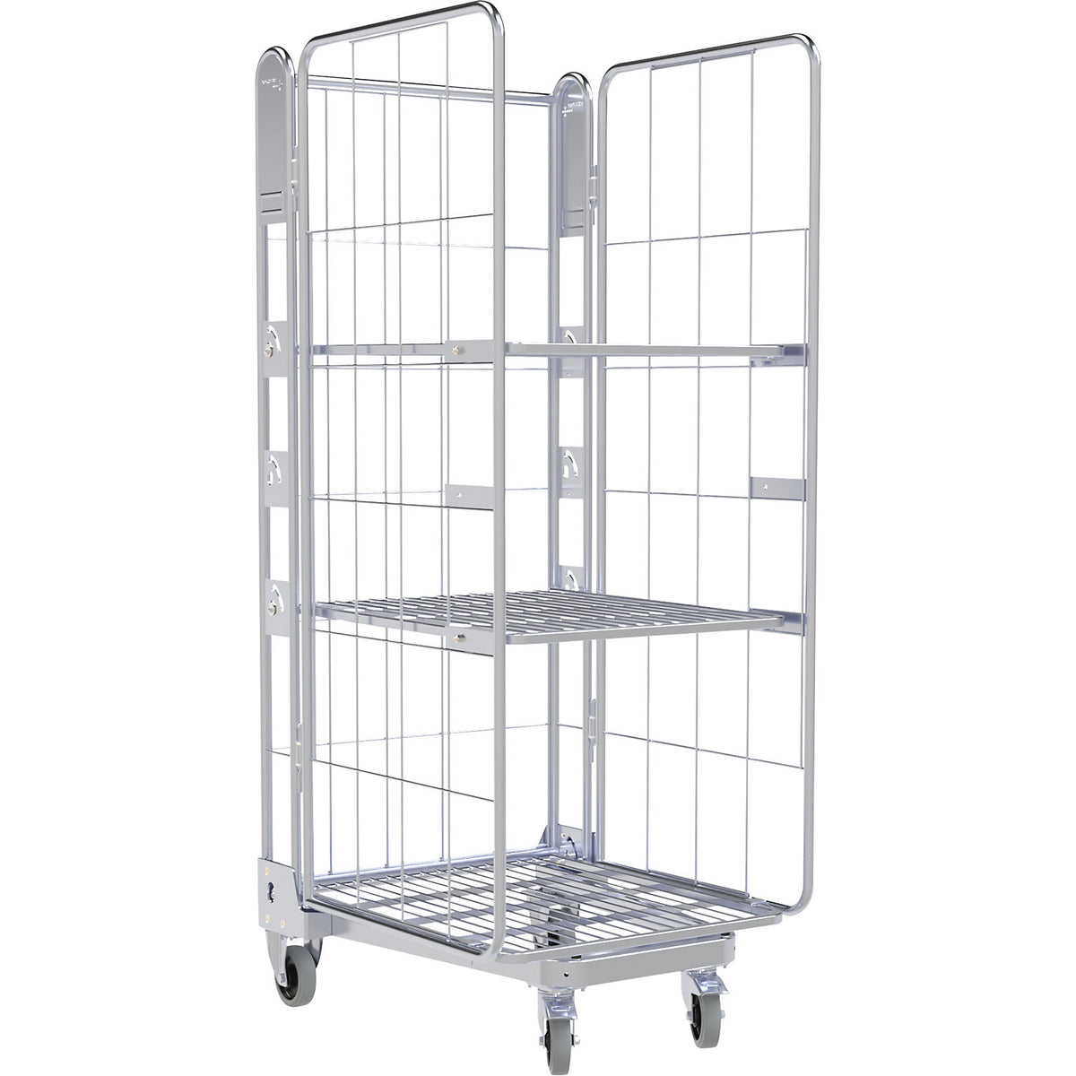 Roll container, 3-sided, steel dolly, H 1875 mm, 2 shelves.