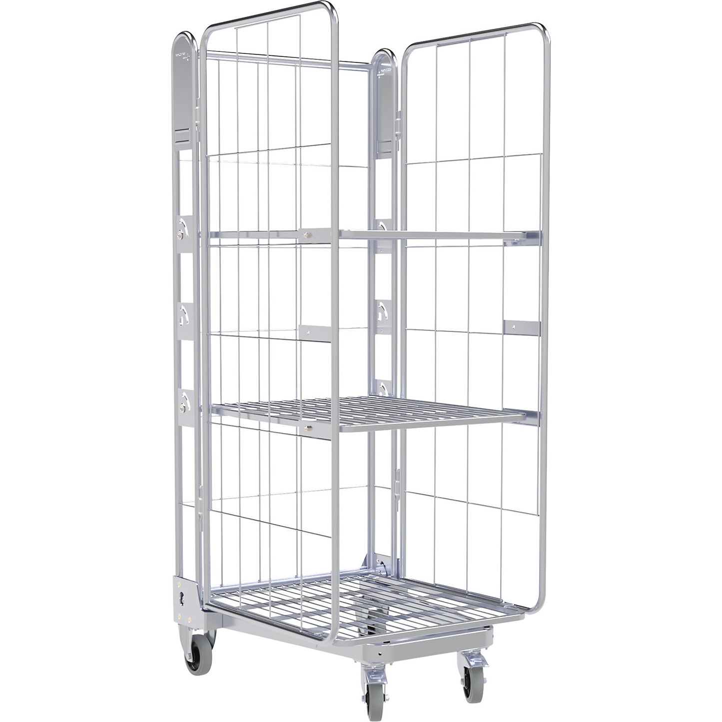Roll container, 3-sided, steel dolly, H 1875 mm, 2 shelves.