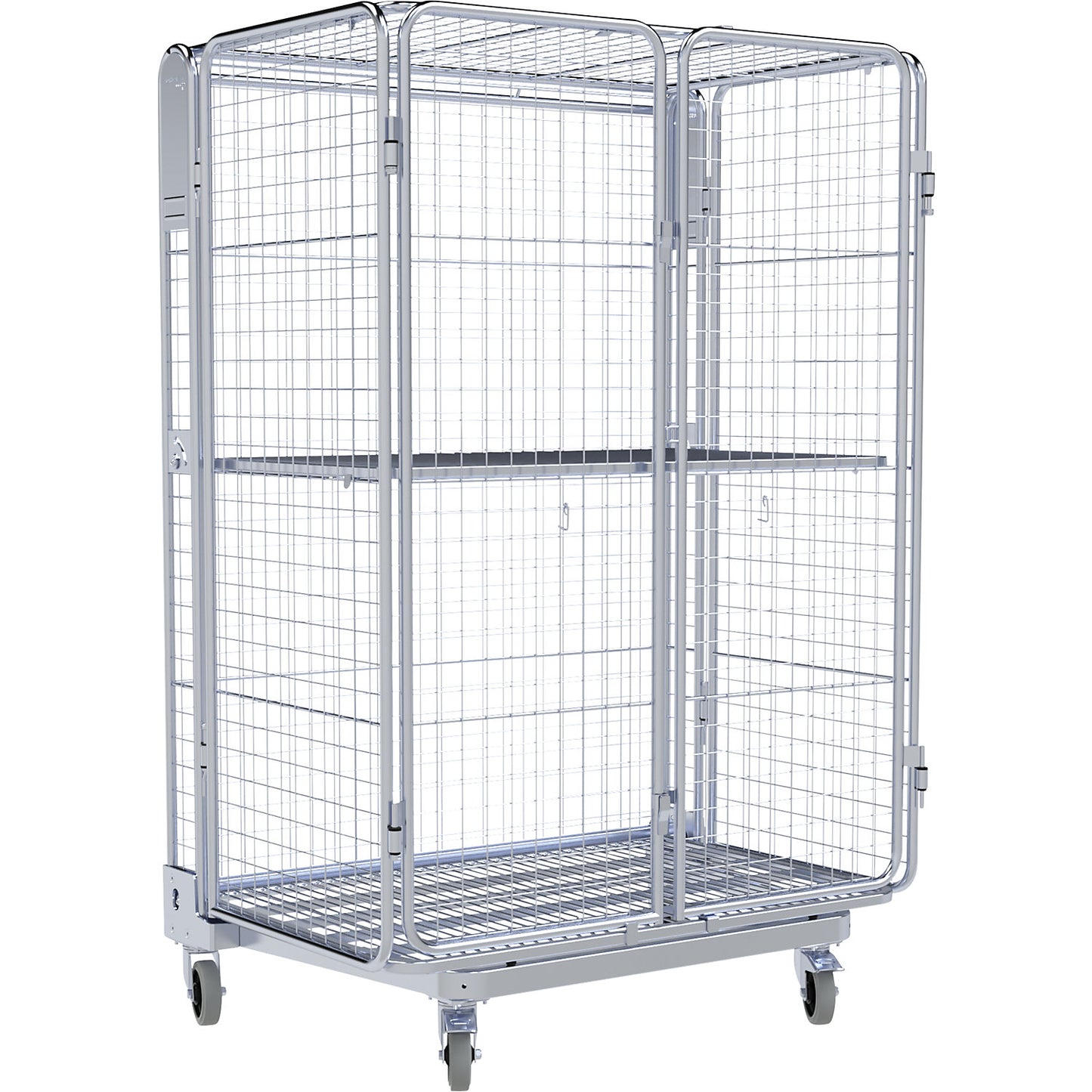 Roll container, 5-sided, steel dolly, H 1825 mm, 1 shelf, mesh 100 x 50 mm.