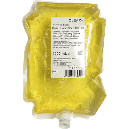 Clear+ cream soap, pH-neutral with lemon scent, contents 1 litre, pack of 4.