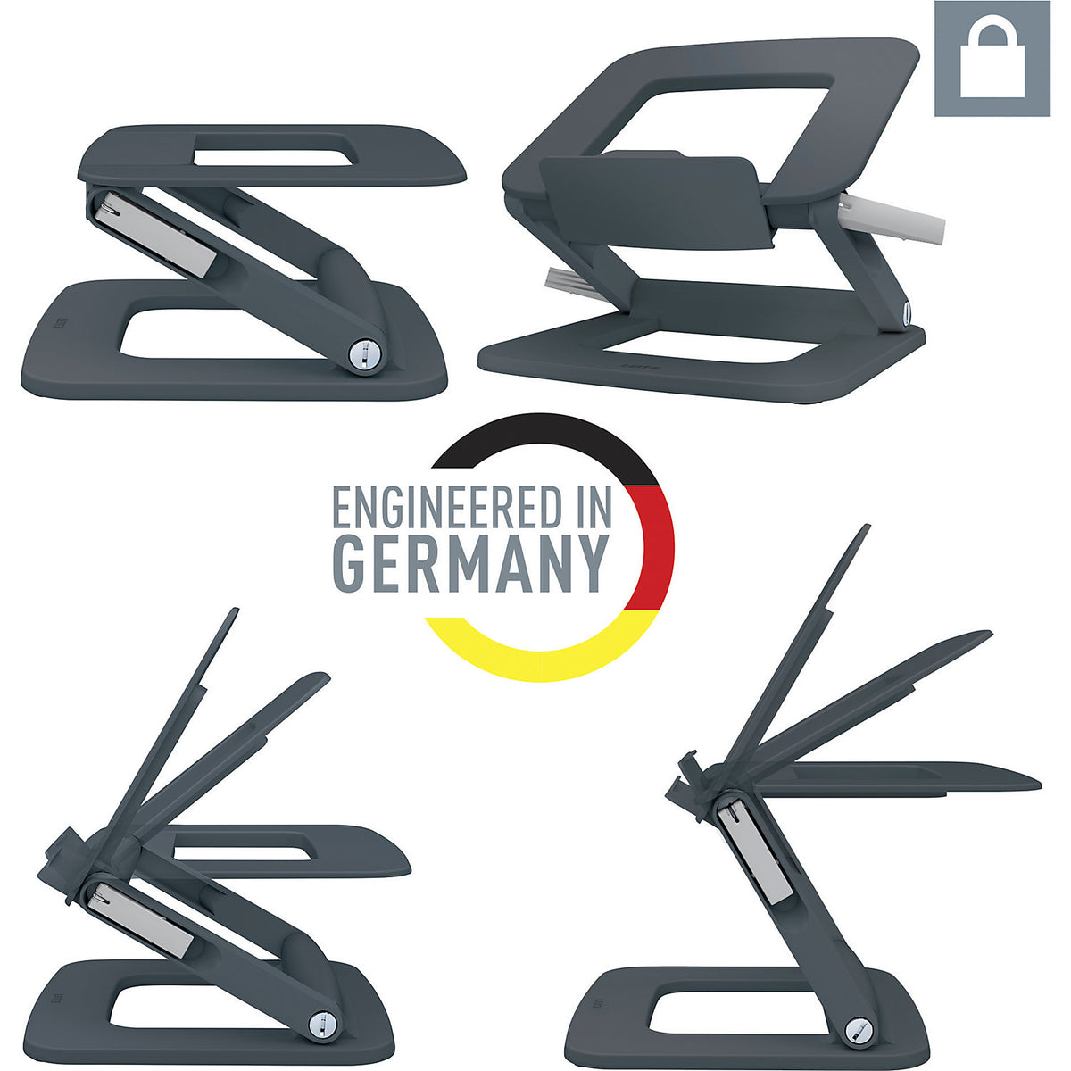 Multi-angle laptop stand Leitz Ergo, HxWxD 45 x 258 x 253 mm, dark grey.