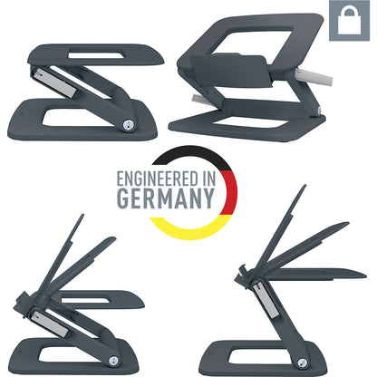 Multi-angle laptop stand Leitz Ergo, HxWxD 45 x 258 x 253 mm, dark grey.