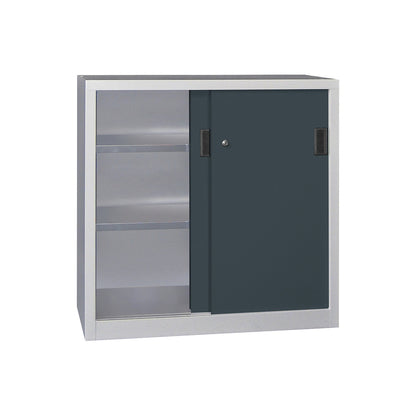 Sliding door cabinet, height 1000 mm, solid sheet metal doors, WxD 1000 x 400 mm, with 2 shelves, anthracite door.