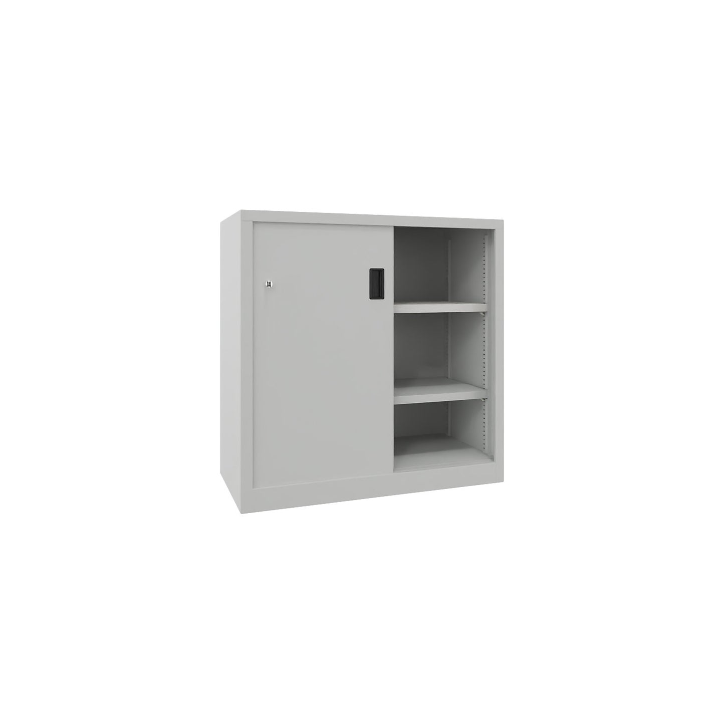 Sliding door cabinet, height 1000 mm, solid sheet metal doors, WxD 1000 x 500 mm, with 2 shelves, door light grey.