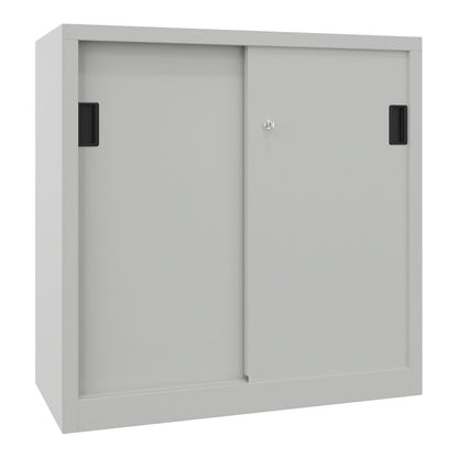 Sliding door cabinet, height 1000 mm, solid sheet metal doors, WxD 1000 x 500 mm, with 2 shelves, door light grey.