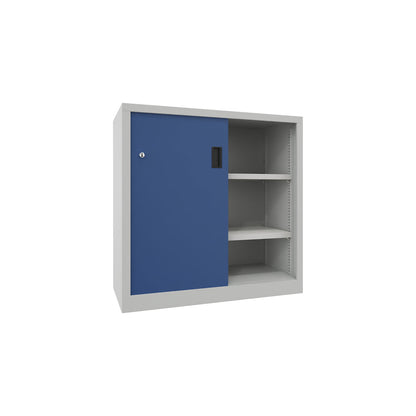 Sliding door cabinet, height 1000 mm, solid sheet metal doors, WxD 1000 x 500 mm, with 2 shelves, door gentian blue.