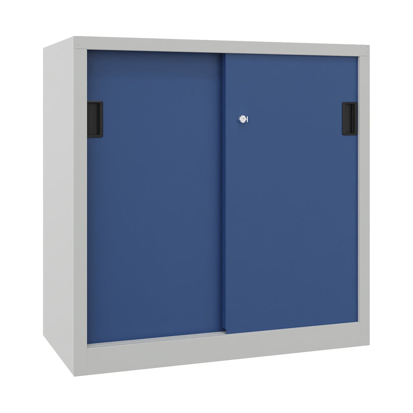 Sliding door cabinet, height 1000 mm, solid sheet metal doors, WxD 1000 x 500 mm, with 2 shelves, door gentian blue.