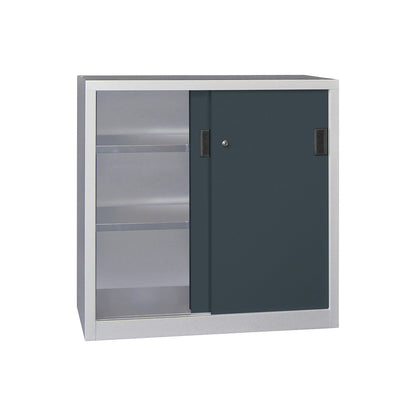 Sliding door cabinet, height 1000 mm, solid sheet metal doors, WxD 1000 x 500 mm, with 2 shelves, anthracite door.