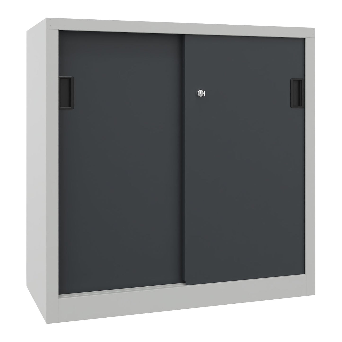 Sliding door cabinet, height 1000 mm, solid sheet metal doors, WxD 1000 x 500 mm, with 2 shelves, anthracite door.