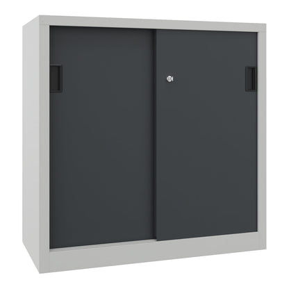 Sliding door cabinet, height 1000 mm, solid sheet metal doors, WxD 1000 x 500 mm, with 2 shelves, anthracite door.