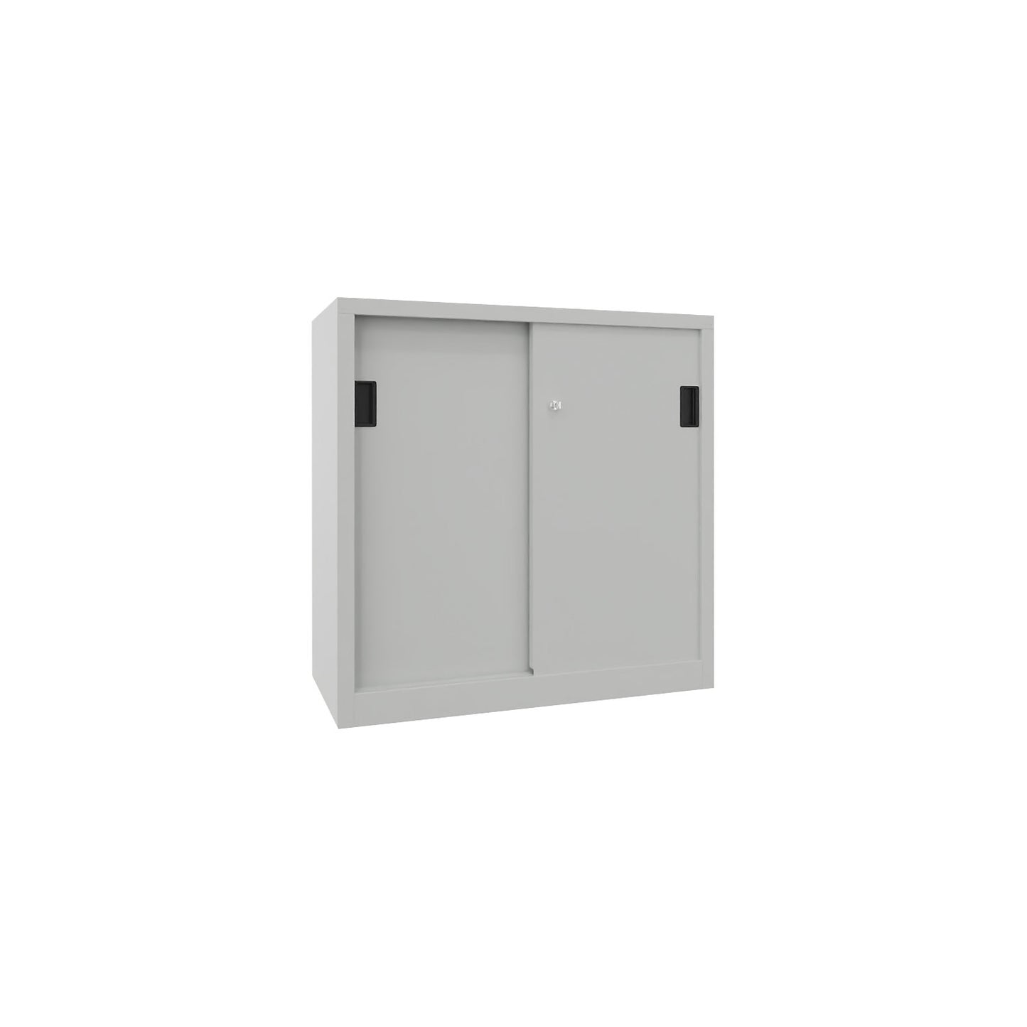 Sliding door cabinet, height 1000 mm, solid sheet metal doors, WxD 1000 x 600 mm, with 2 shelves, light grey door.