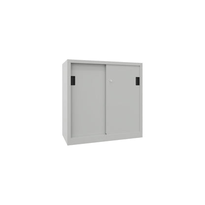 Sliding door cabinet, height 1000 mm, solid sheet metal doors, WxD 1000 x 600 mm, with 2 shelves, light grey door.