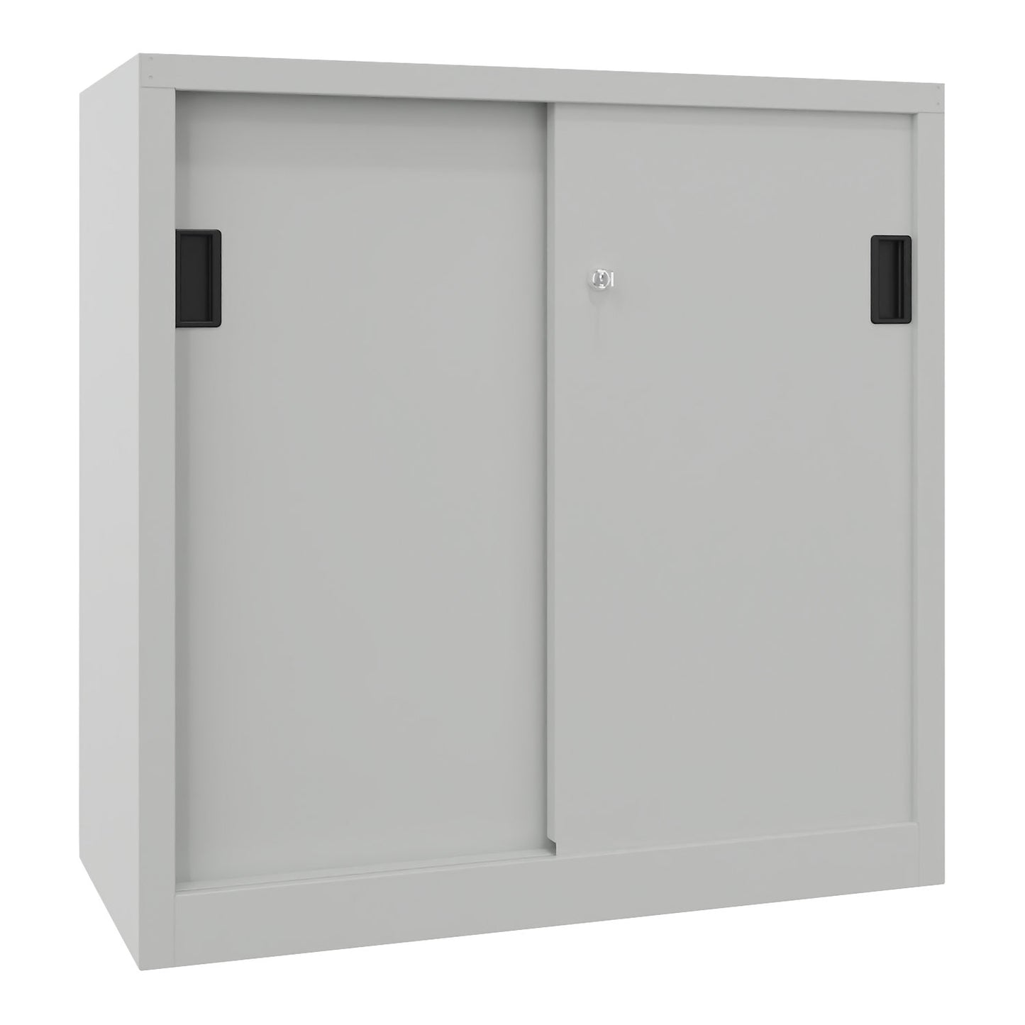 Sliding door cabinet, height 1000 mm, solid sheet metal doors, WxD 1000 x 600 mm, with 2 shelves, light grey door.