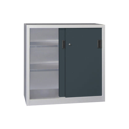 Sliding door cabinet, height 1000 mm, solid sheet metal doors, WxD 1000 x 600 mm, with 2 shelves, anthracite door.