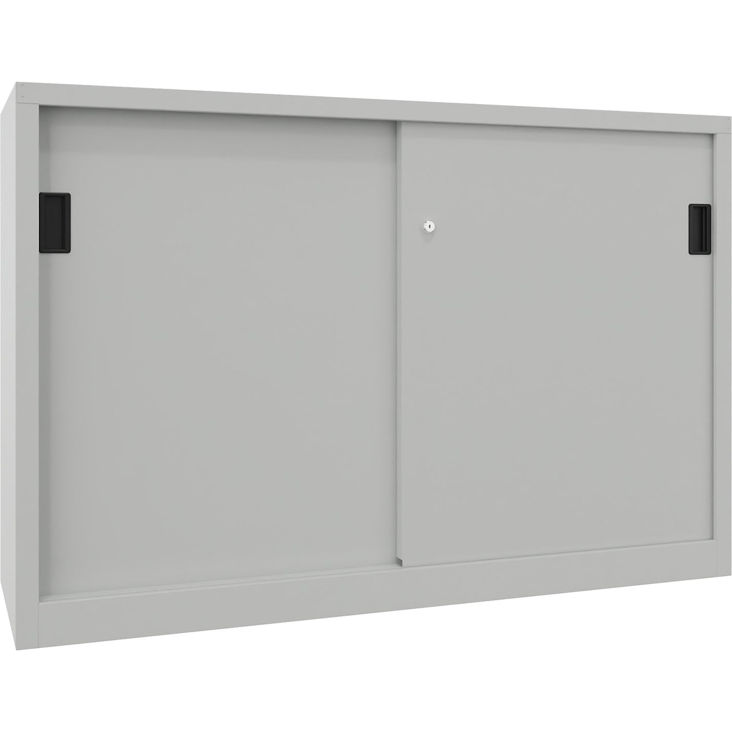 Sliding door cabinet, height 1000 mm, solid sheet metal doors, WxD 1500 x 400 mm, with divider and 2 x 2 shelves, door light grey.