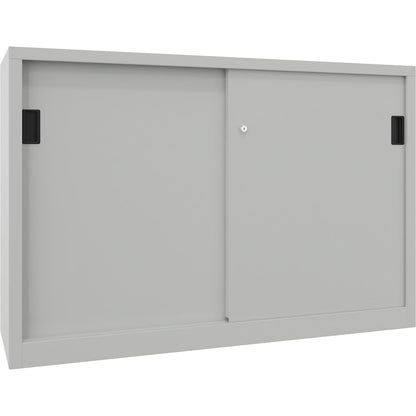 Sliding door cabinet, height 1000 mm, solid sheet metal doors, WxD 1500 x 400 mm, with divider and 2 x 2 shelves, door light grey.