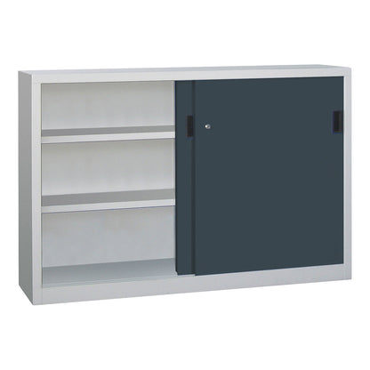 Sliding door cabinet, height 1000 mm, solid sheet metal doors, WxD 1500 x 400 mm, with divider and 2 x 2 shelves, anthracite door.