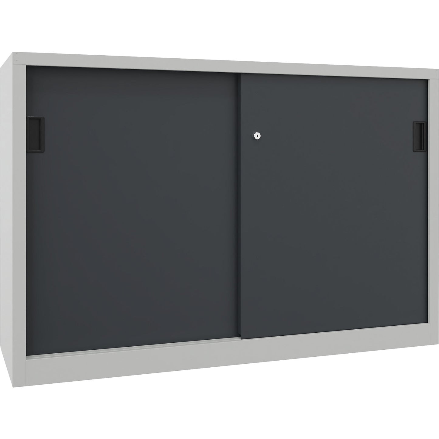 Sliding door cabinet, height 1000 mm, solid sheet metal doors, WxD 1500 x 400 mm, with divider and 2 x 2 shelves, anthracite door.