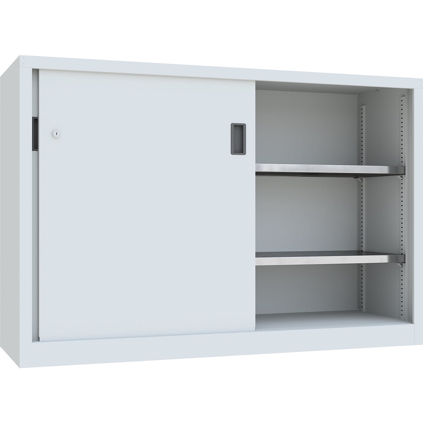 Sliding door cabinet, height 1000 mm, solid sheet metal doors, WxD 1500 x 500 mm, with divider and 2 x 2 shelves, door light grey.
