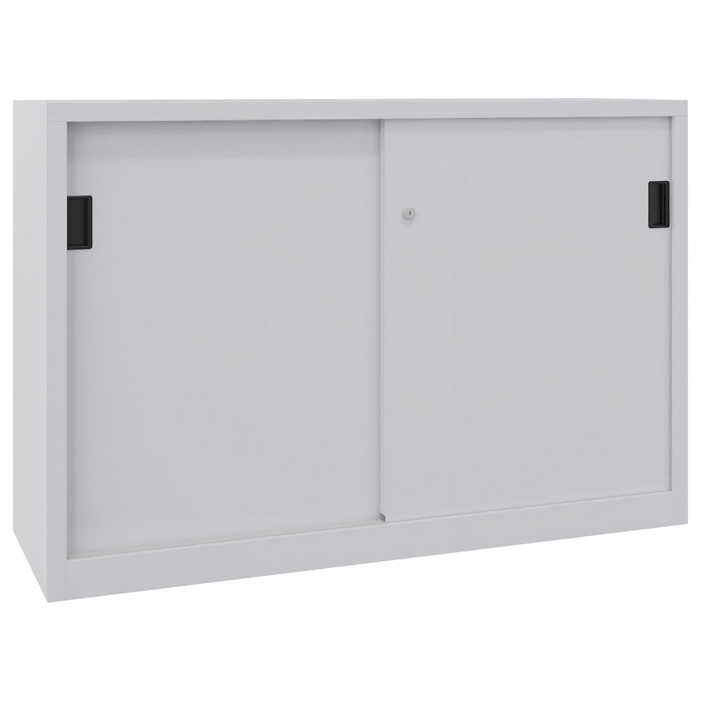 Sliding door cabinet, height 1000 mm, solid sheet metal doors, WxD 1500 x 500 mm, with divider and 2 x 2 shelves, door light grey.