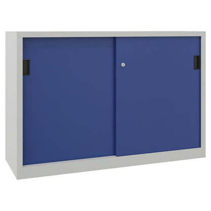 Sliding door cabinet, height 1000 mm, solid sheet metal doors, WxD 1500 x 500 mm, with divider and 2 x 2 shelves, door gentian blue.